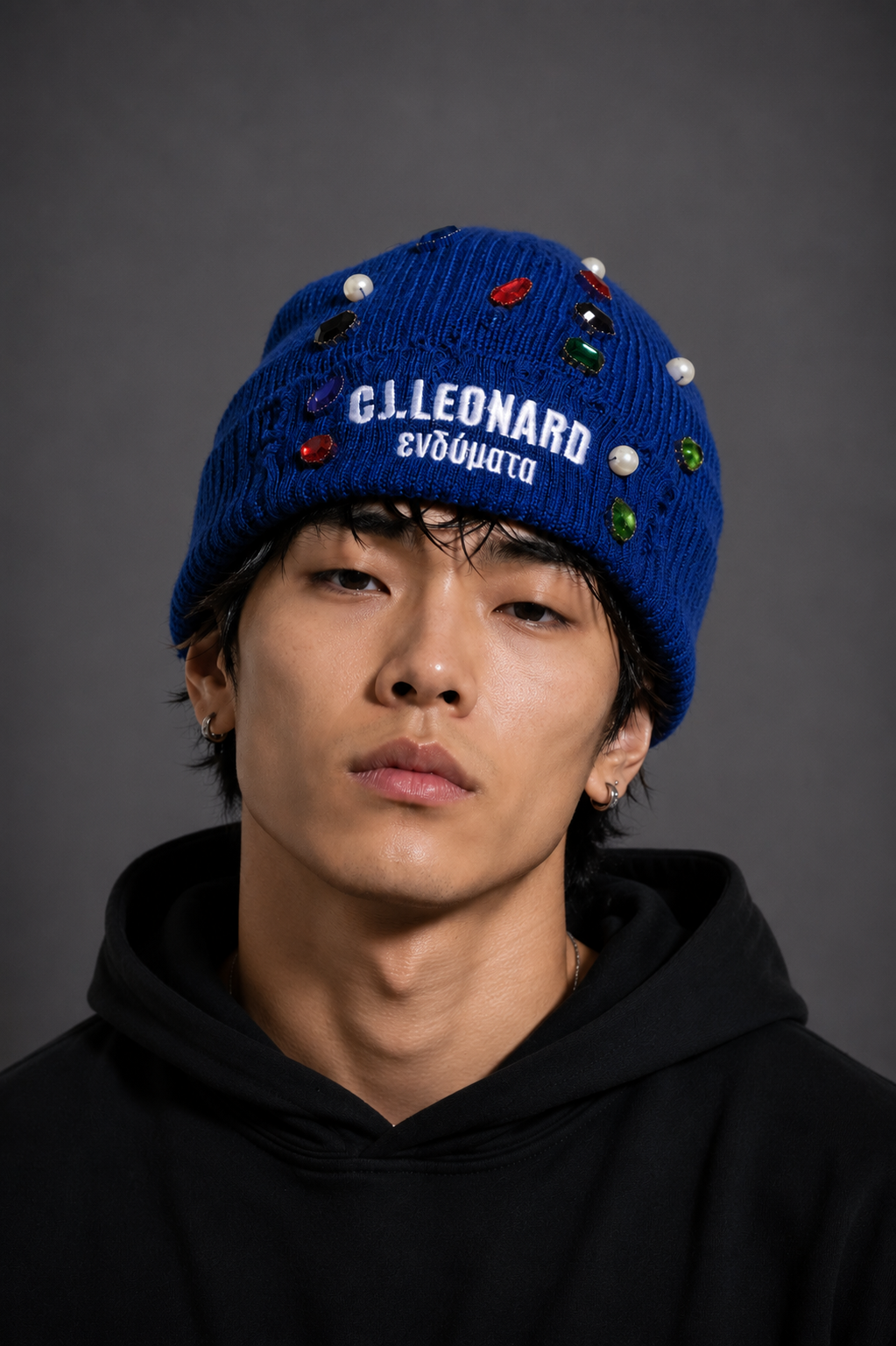 Blue Distressed Stones & Pearls Beanie