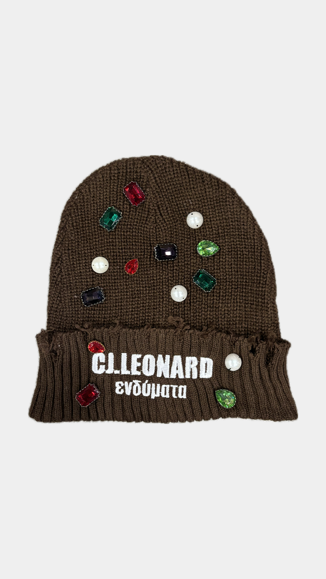 Brown Distressed Stones & Pearls Beanie