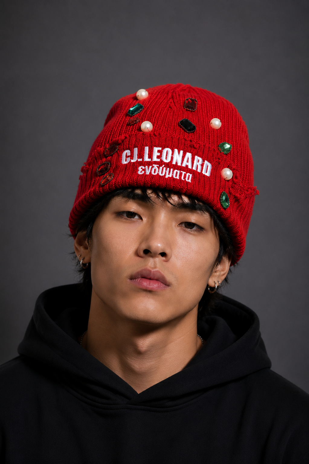 Red Distressed Stones & Pearls Beanie