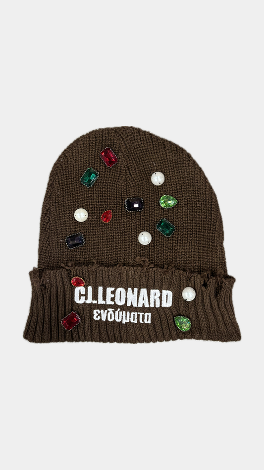 Brown Distressed Stones & Pearls Beanie
