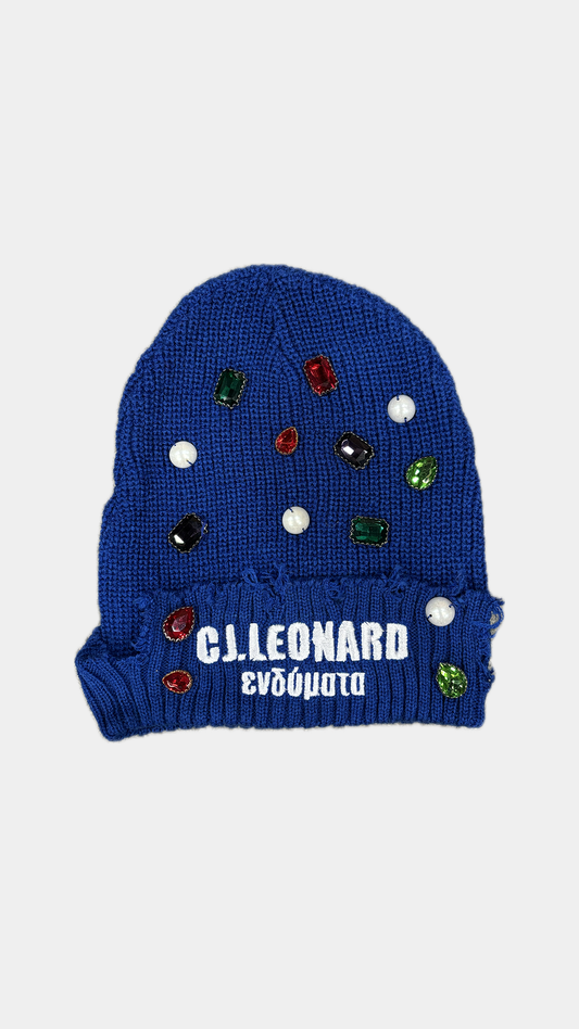 Blue Distressed Stones & Pearls Beanie