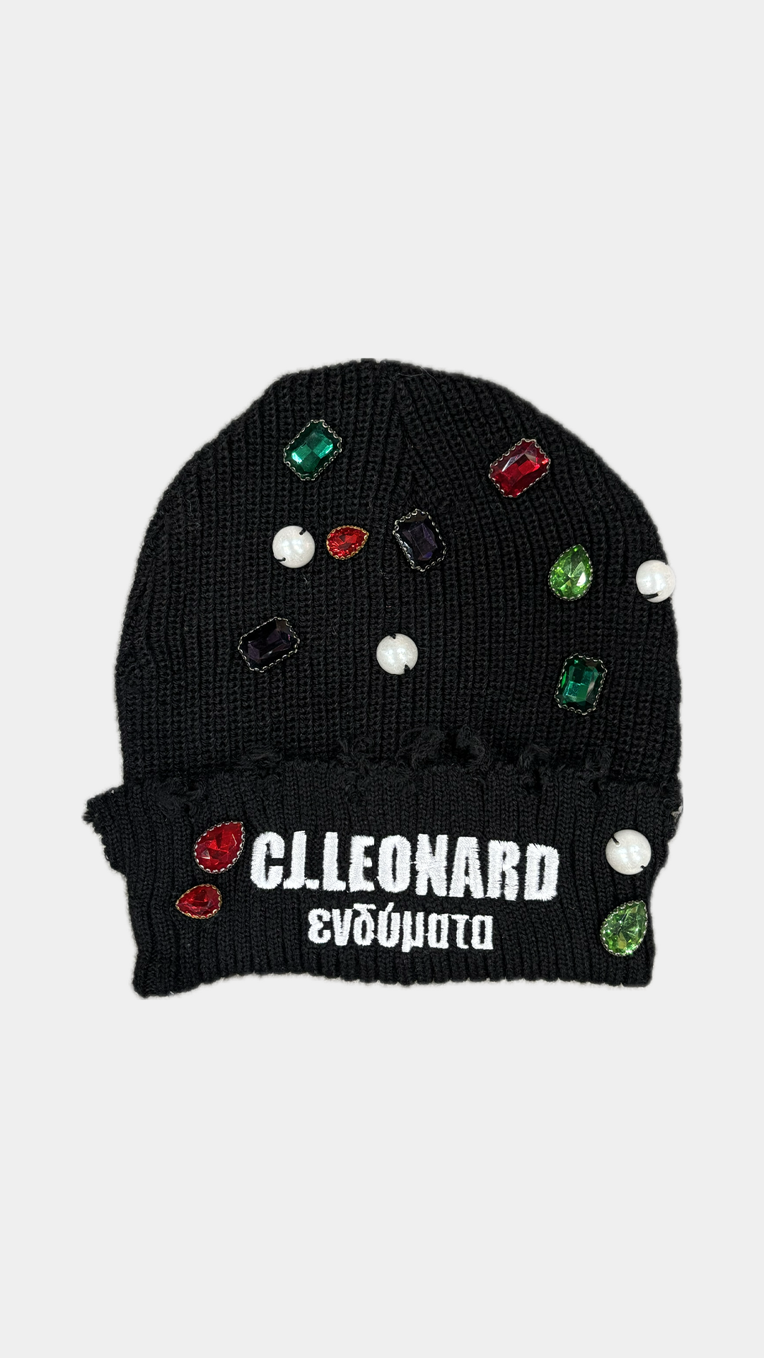 Black Distressed Stones & Pearls Beanie