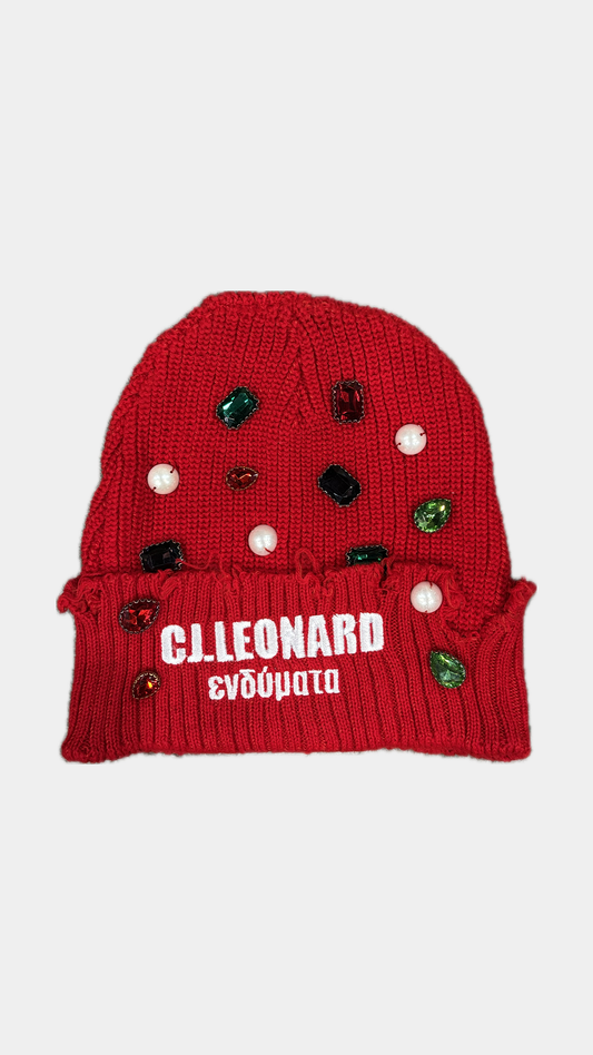 Red Distressed Stones & Pearls Beanie